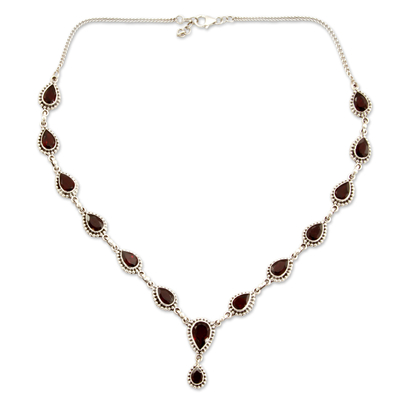 Garnet Y-necklace, 'Halo of Beauty' - Garnet Necklace Sterling Silver Artistmade Jewelry