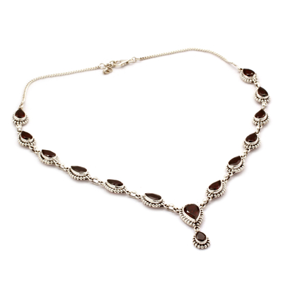 Garnet Y-necklace, 'Halo of Beauty' - Garnet Necklace Sterling Silver Artistmade Jewellery