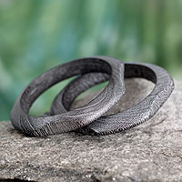 Wood bangle bracelet, 'Forest Whisper' (pair)