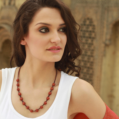 Agate Shambhala-style necklace, 'Rajasthani Red' - Fair Trade Cotton Beaded Agate Necklace