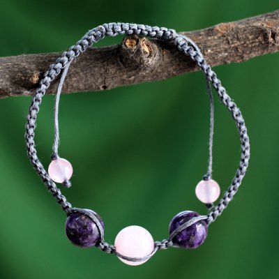 Rose quartz and charoite Shambhala-style bracelet, 'Serene Joy' - Indian Cotton Cord Charoite and Rose Quartz Bracelet