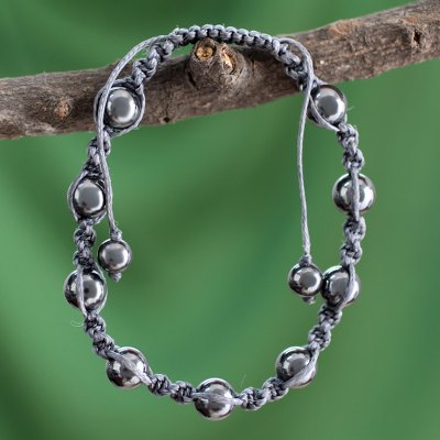 Hematite Shambhala-style bracelet, 'Quiet Peace' - Hand Crafted Cotton Beaded Hematite Shambhala-style Bracelet