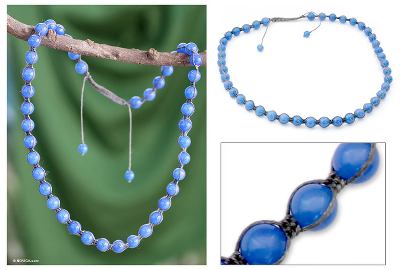 Chalcedony Shambhala-style necklace, 'Spirit of Peace' - Shambhala-style Cotton and Chalcedony Beaded Necklace