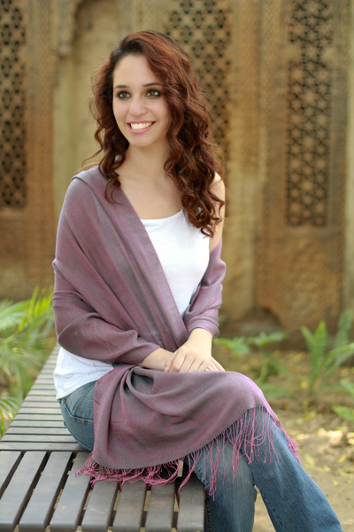 Silk and wool reversible shawl, 'Violet Orchid' - Silk Shawl Artisan Crafted Wrap 