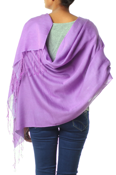Silk and wool shawl, 'Lavender Orchid' - Silk Wool Shawl Wrap from India