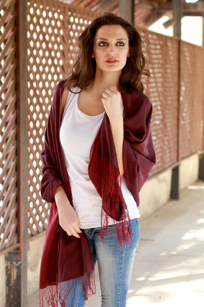Silk and wool reversible shawl, 'Maroon Orchid' - Reversible Silk and Wool Wrap Hand Loomed Shawl India