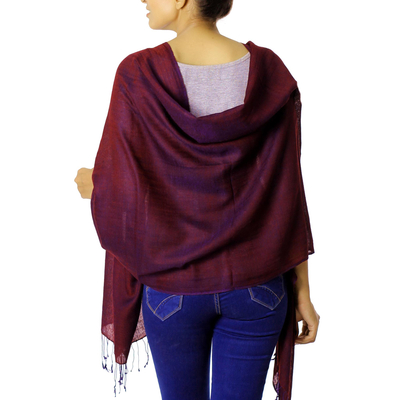 Silk and wool reversible shawl, 'Maroon Orchid' - Reversible Silk and Wool Wrap Hand Loomed Shawl India