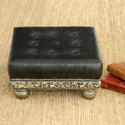 Nickel plated brass and leather ottoman, 'Night Forest' - Fair Trade Floral Brass Wood Ottoman Furniture