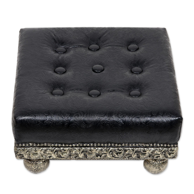 Nickel plated brass and leather ottoman, 'Night Forest' - Fair Trade Floral Brass Wood Ottoman Furniture