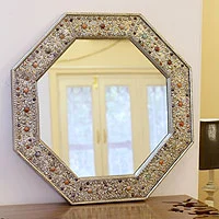 Mirror, 'Elegance' - Nickel On Brass Glass Inlay Wall Mirror 23x23 In