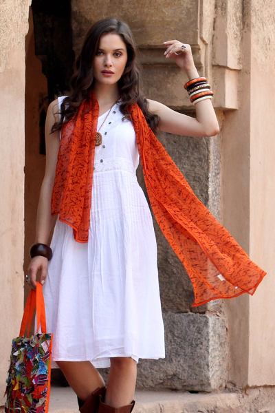 Silk shawl, 'Tribal Scenes' - Silk shawl