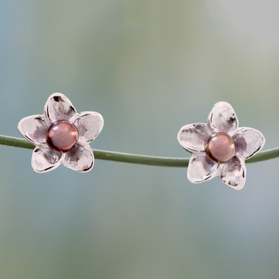 Cultured pearl button earrings, 'Shadow Jasmine' - Grey Pearl Floral Jewellery Sterling Silver Earrings