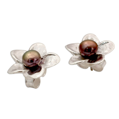 Cultured pearl button earrings, 'Shadow Jasmine' - Grey Pearl Floral Jewellery Sterling Silver Earrings