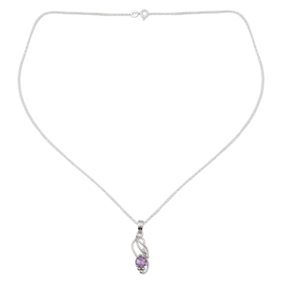 Amethyst pedant necklace, 'Shy Heart' - Amethyst Modern Jewelry Sterling Silver Necklace