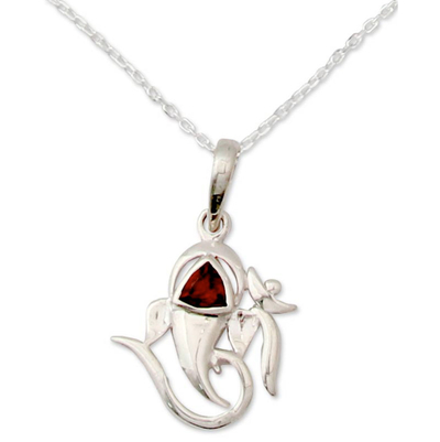 Garnet pendant necklace, 'Mystical Ganesha' - Sterling Silver and Garnet Necklace Hinduism Jewelry