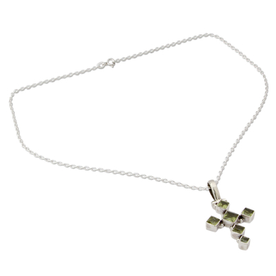 Peridot cross necklace, 'Joyous Cross' - Cross Jewelry Peridot and Sterling Silver Necklace