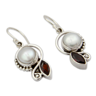 Cultured pearl and garnet dangle earrings, 'Sublime Romance' - Pearl Garnet Earrings in Sterling Silver Jewelry