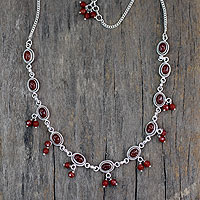 Carnelian waterfall necklace, 'Whispered Desire' - Sterling Silver and Carnelian Necklace from India
