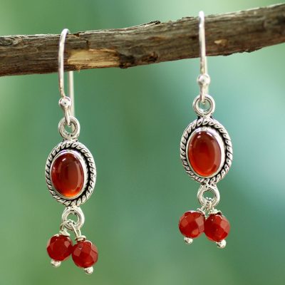 Carnelian chandelier earrings, 'Whispered Desire' - Carnelian and Sterling Silver Earrings India Artisan Jewelry