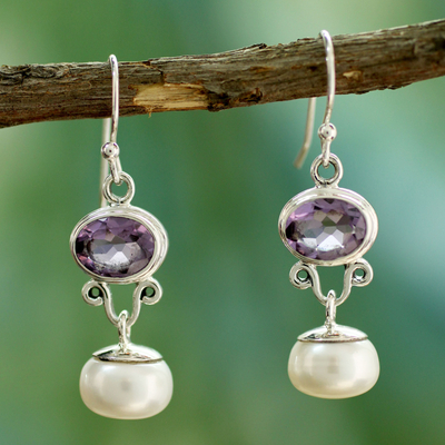 Cultured pearls and amethyst dangle earrings, 'Dazzling Delhi' - Pearl and Amethyst Dangle Earrings