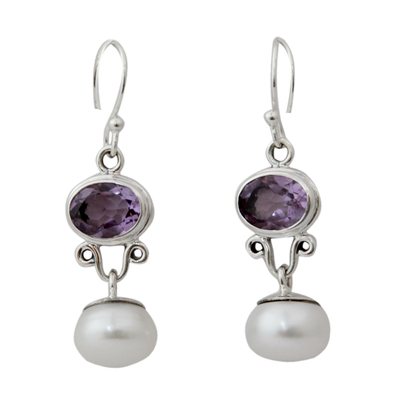 Cultured pearls and amethyst dangle earrings, 'Dazzling Delhi' - Pearl and Amethyst Dangle Earrings