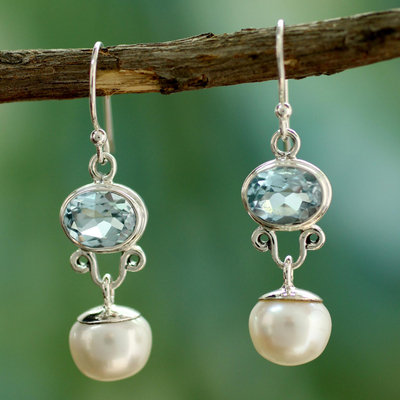 Cultured pearls and blue topaz dangle earrings, Dazzling Delhi