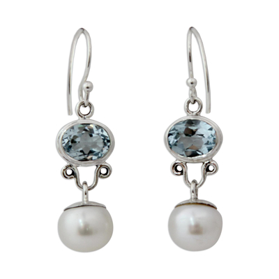 Cultured pearls and blue topaz dangle earrings, 'Dazzling Delhi' - Pearl and Blue Topaz Dangle Earrings