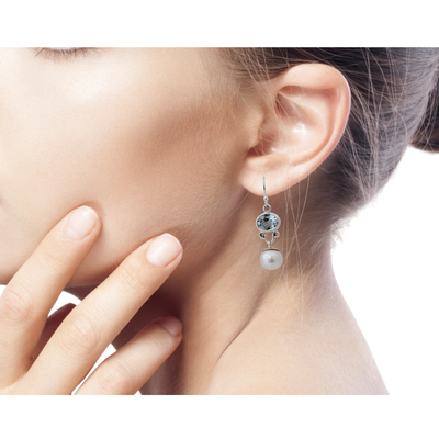 Cultured pearls and blue topaz dangle earrings, 'Dazzling Delhi' - Pearl and Blue Topaz Dangle Earrings