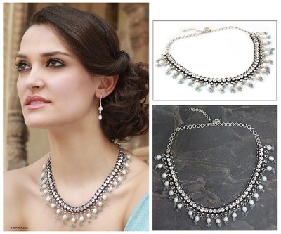 Cultured pearl and blue topaz waterfall necklace, 'Dancing Queen' - Pearl and Blue Topaz Choker Necklace from India