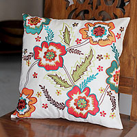 Cushion cover, 'Floral Celebration' - Hand Made Floral Applique Cushion Cover