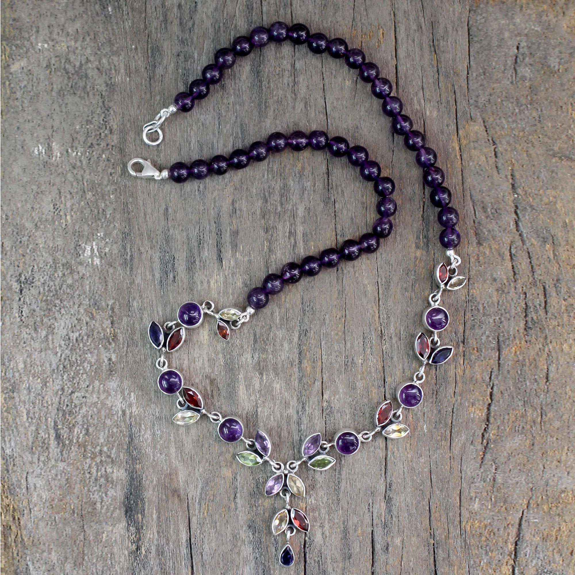 Floral Y Necklace Multigemstone Jewelry from India - Wild Feminine | NOVICA