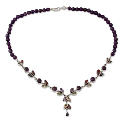 Amethyst and citrine Y-necklace, 'Wild Feminine' - Floral Y Necklace Multigemstone Jewelry from India