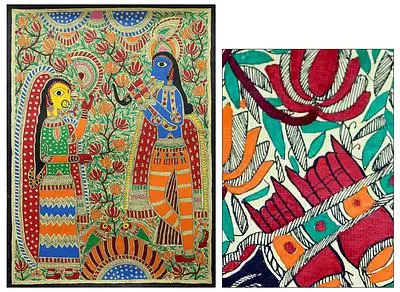 Madhubani painting, 'Devoted Radha and Krishna' - Madhubani painting