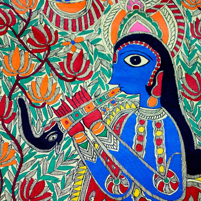 Madhubani painting, 'Devoted Radha and Krishna' - Madhubani painting