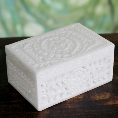 Marble jewelry box, 'Indian Morning Glory' - Handcrafted Jali Marble Jewelry Box