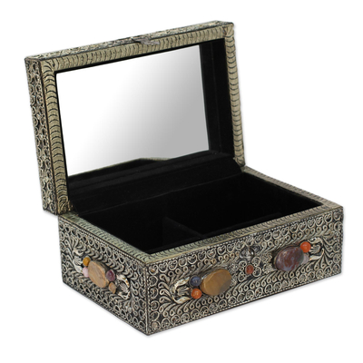 Brass jewelry box, 'Mughal Paradise' - Handmade Repousse Brass Jewelry Box