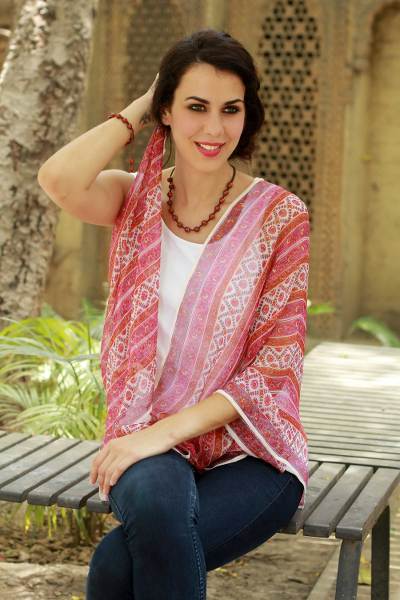 Silk shawl, 'Kerala Carnations' - Floral Silk Striped Shawl India Wrap