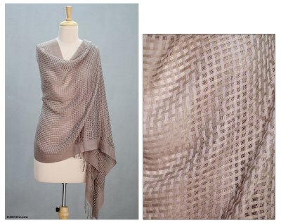 Wool and silk shawl, 'Taupe Bliss' - Handmade Shawl Wool Silk Patterned Wrap