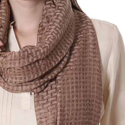 Wool and silk shawl, 'Taupe Bliss' - Handmade Shawl Wool Silk Patterned Wrap