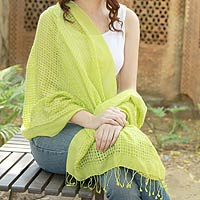 Wool and silk shawl, 'Chartreuse Bliss' - Chartreuse Wool and Silk Wrap Patterned Shawl