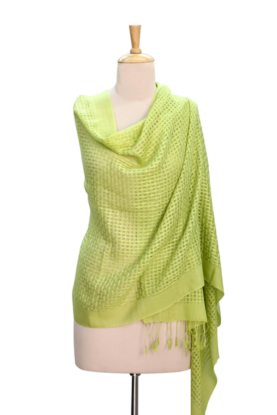 Chartreuse Wool and Silk Wrap Patterned Shawl