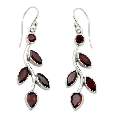 Garnet flower earrings, 'Scarlet Bouquet' - Garnet and Sterling Silver Earrings Indian Jewelry