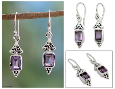 Amethyst dangle earrings, 'Lilac Lantern' - Handcrafted Indian Sterling Silver and Amethyst Earrings