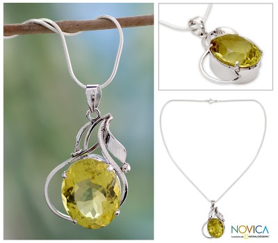 Lemon quartz pendant necklace, 'Indian Empress' - Lemon quartz pendant necklace