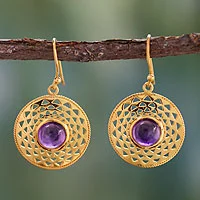 Gold vermeil amethyst dangle earrings, 'Jaipur Suns' - Indian Gold Vermeil and Amethyst Earrings