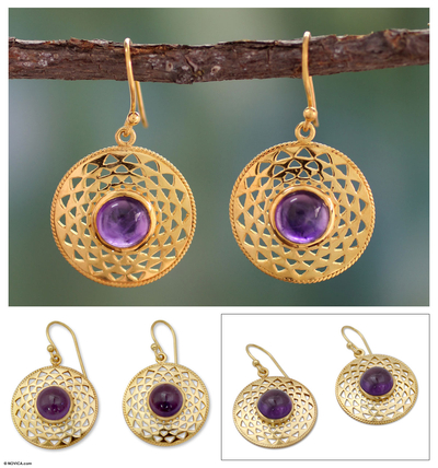Gold vermeil amethyst dangle earrings, 'Jaipur Suns' - Indian Gold Vermeil and Amethyst Earrings