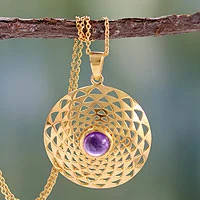 Gold vermeil amethyst pendant necklace, 'Jaipur Sun' - 22k Gold Vermeil and Amethyst Necklace India jewellery