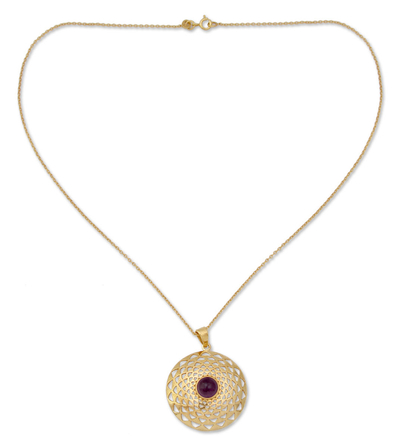 Gold vermeil amethyst pendant necklace, 'Jaipur Sun' - 22k Gold Vermeil and Amethyst Necklace India Jewelry