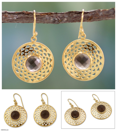 Gold vermeil smoky quartz dangle earrings, 'Jaipur Suns' - Gold vermeil smoky quartz dangle earrings