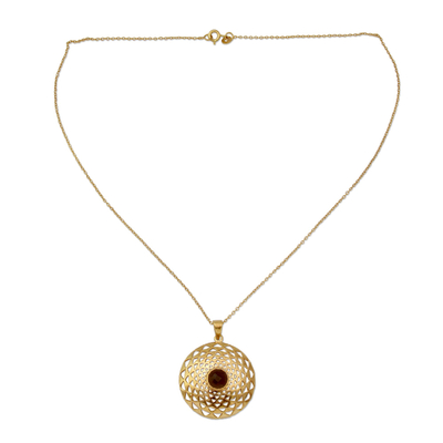 Gold vermeil smoky quartz pendant necklace, 'Jaipur Sun' - Gold vermeil smoky quartz pendant necklace